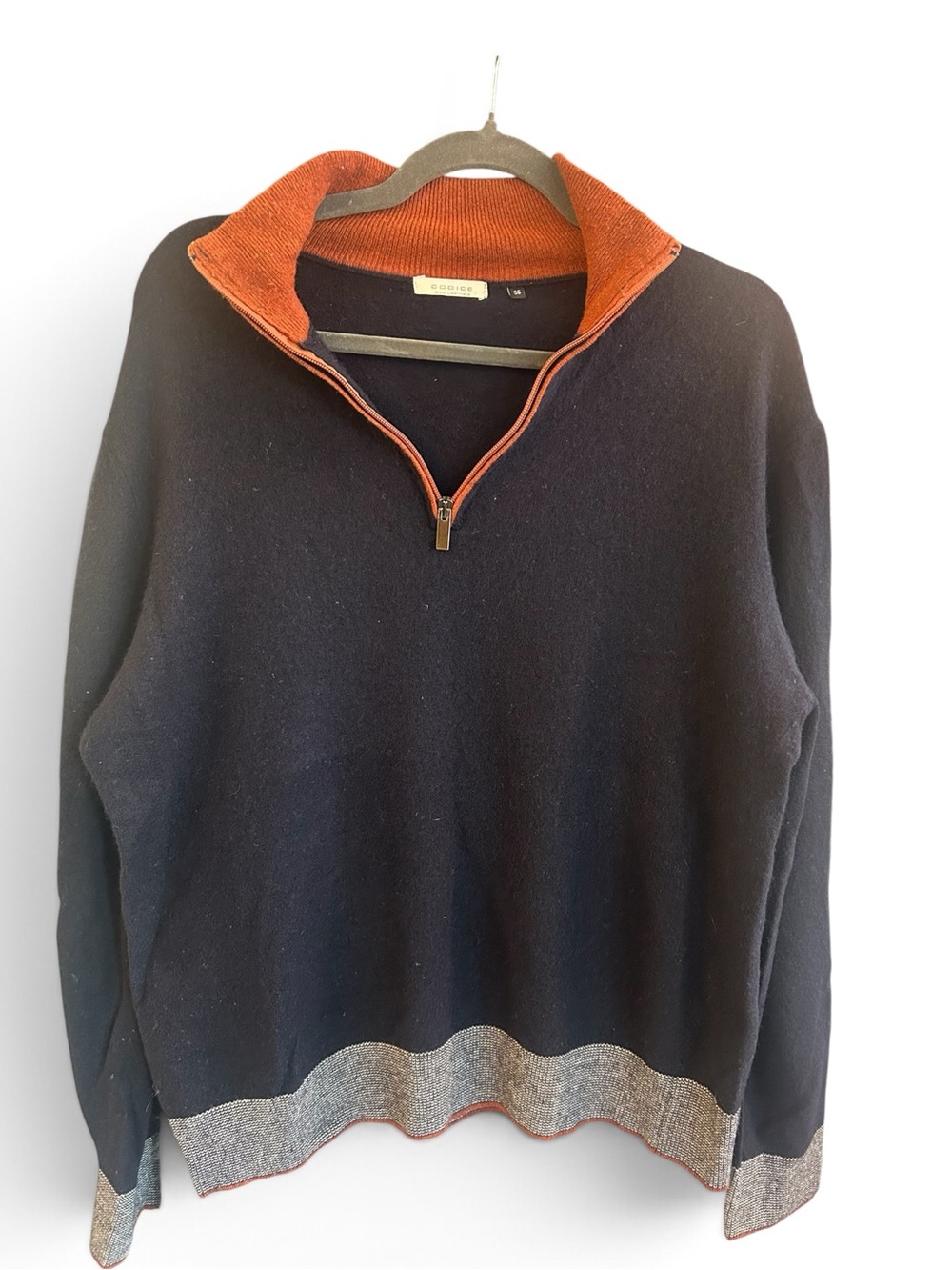 CODICE Wool & Cashmere. Men's Navy Half-Zip Sweater with Rust Contrast Collar L